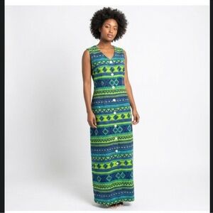 Vintage Miss Dorby Green and Blue Patterned
Sleeveless Dress button 14